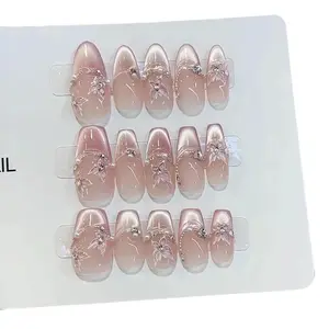 Hand-Painted Butterfly-Patterned Pearl Diamonds Press-On Nail Set with Pink Gradient Halo Detachable Reusable Acrylic False Nails for Personal Use Rhinestones