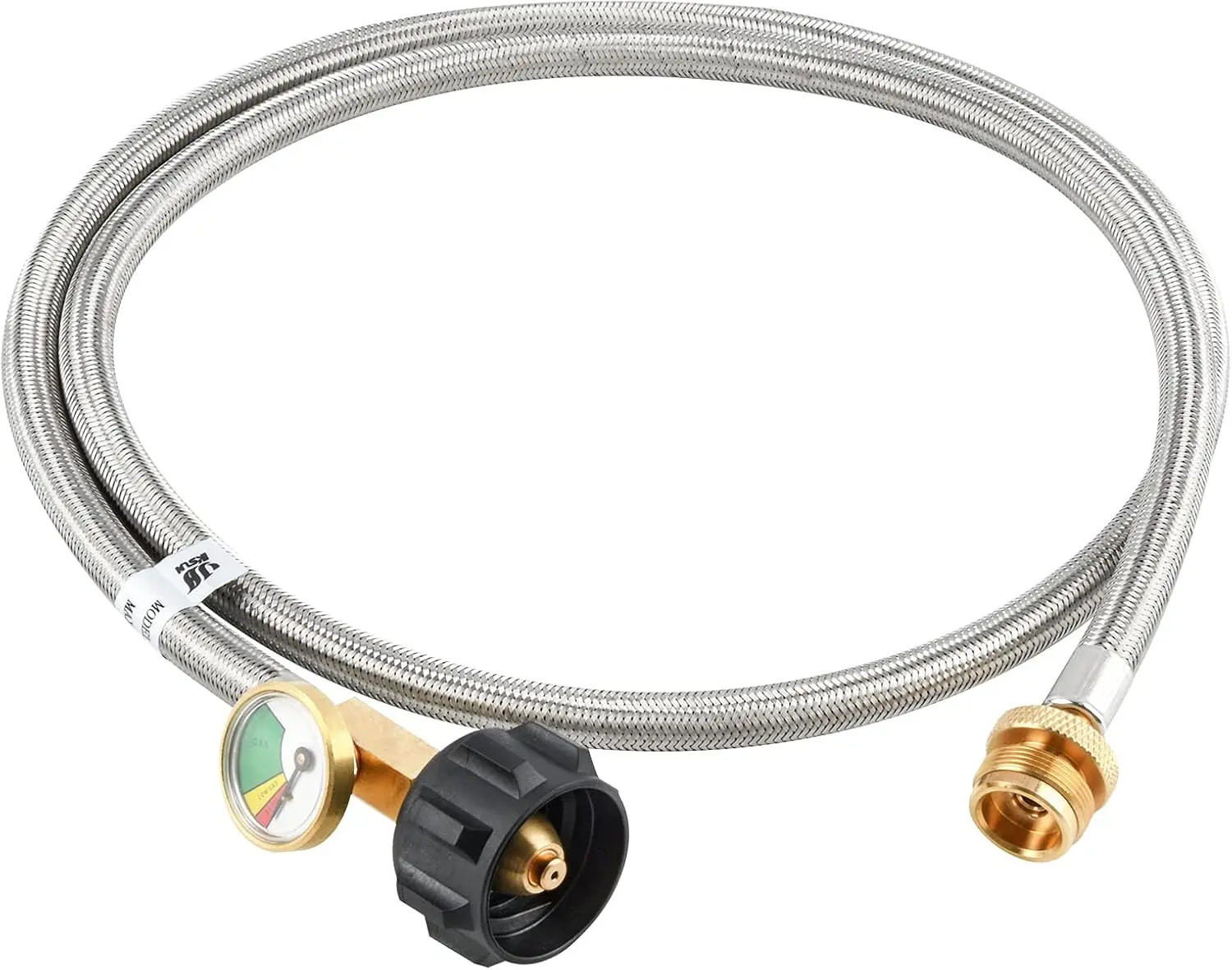 5 FT  Adapter Hose with Gauge - 1Lb to 20Lb  Conversion for Type1 LP Tank/QCC1,Bulk Portable Appliance and Gas Grill (Stainless Steel Braided Hose)