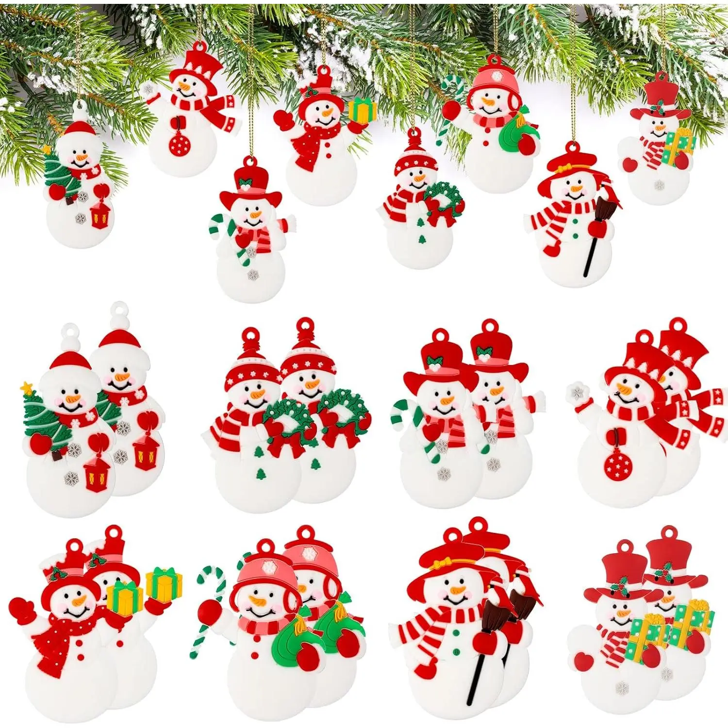 16-Piece Reusable Red Resin Christmas Snowman Ornaments with Hats, Hangable Xmas Tree Decorations for Holiday, Party Favors (Home & Festive Supplies), 8 Styles