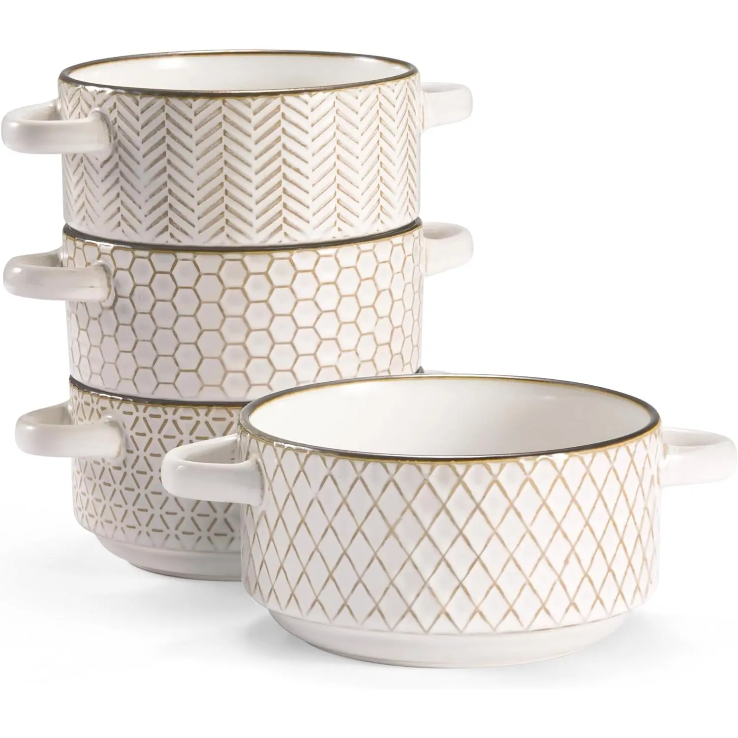 Ceramic Soup Bowls with Handles, Embossed, for  Onion Soup, Pastas, Ramen, Stews, Microwave & Dishwasher Safe,  with Hand-Painted Rim, Set of 4, 24 oz, Narbonne Collection