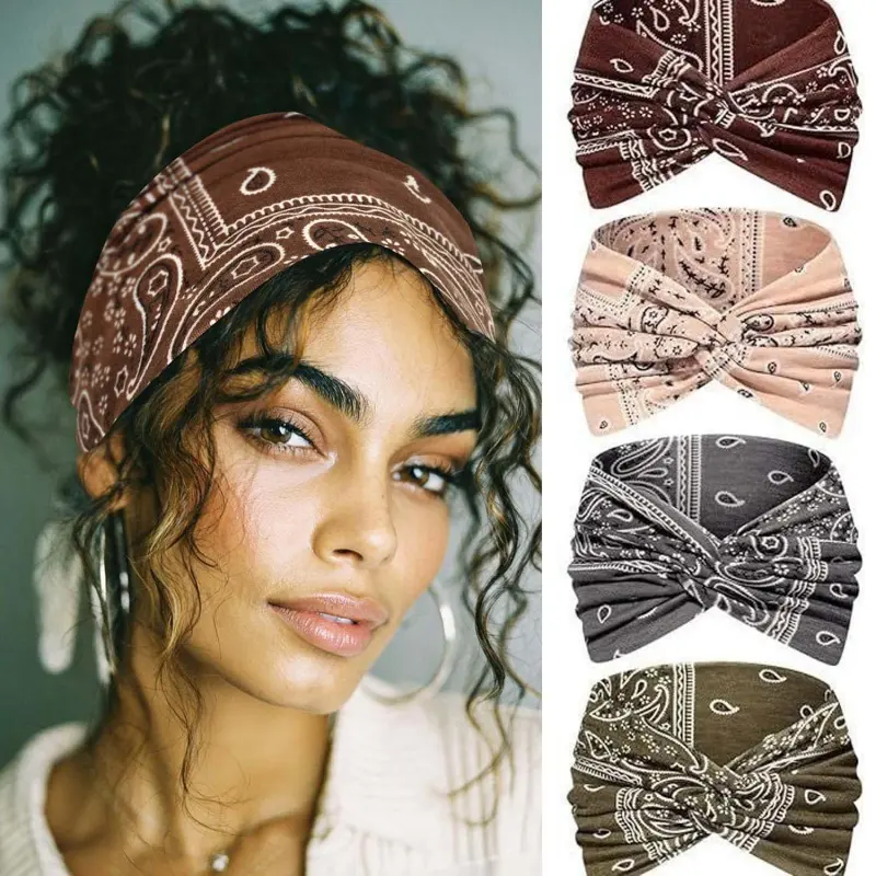 Yoga Headbands for Women, Boho Paisley Print Cross Hair Bands, Fashion European and American Style Hair Hoop Hair Accessories, 4 Pack Set