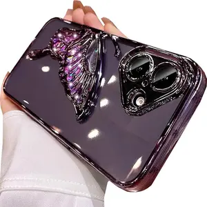 for iPhone 16 Plus Glitter 3D Butterfly Case,Cute Luxury Bling Sparkle Liquid Flowing Clear Case with Camera Lens Protector Plating Bumper Women Girls Case for iPhone 16 Plus 6.7 Inch (Pink)