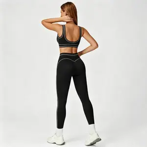 Women's Contrast White-Piping U-Back Sports Bra & Curved Seam High-Waist Leggings 2-Piece Activewear Set 2025 New Model