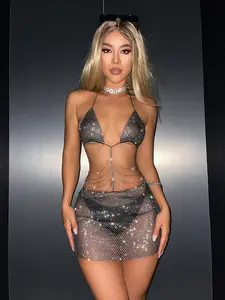 VibeX Rhinestone Two-Piece Skirt Set Above the Knee Design with Sparkling Rhinestones for Special Occasions & Versatile Styling Options sexy girl nocturnal  wonderland  outfit sexy top drop