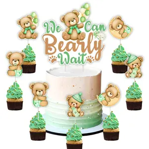 25 PCS Bear Baby Shower Cake Decorations Sage Green  We Can Bearly Wait Cake Topper  Cupcake Toppers Double Sided Printing Greenery Bear Baby Shower Decor for Pregnancy Celebration Newborn Party