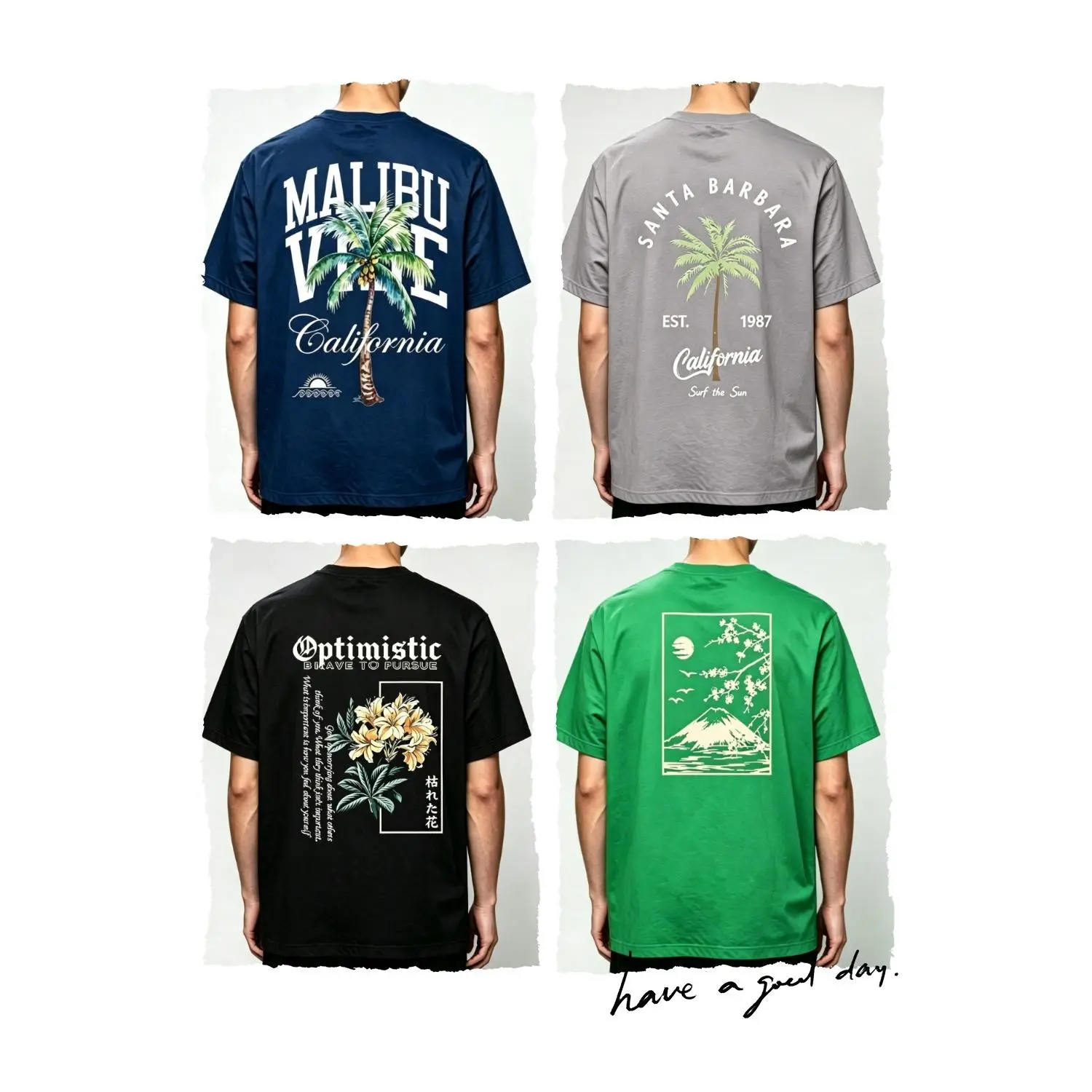 Men's 4-Pack 100% Cotton Oversized Graphic Tees - Vintage Prints, Palm Trees, Floral, Mountain Designs, Retro Casual Short-Sleeve Streetwear, All Seasons, Machine Wash, Daily Wear Gift for Him