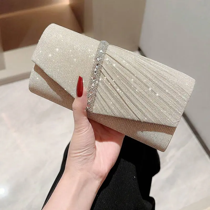 New women's pleated sparkling diamond studded dinner bag, bridal wedding bag, versatile handbag, crossbody bag, wedding season wedding gift bag, perfect for weddings, conferences, banquets, parties, and dances. The best gift for women