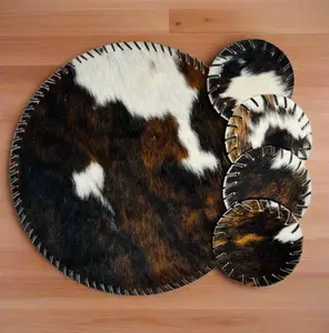 Genuine Cowhide Leather Circle Placemats & 4 Coasters Bundle