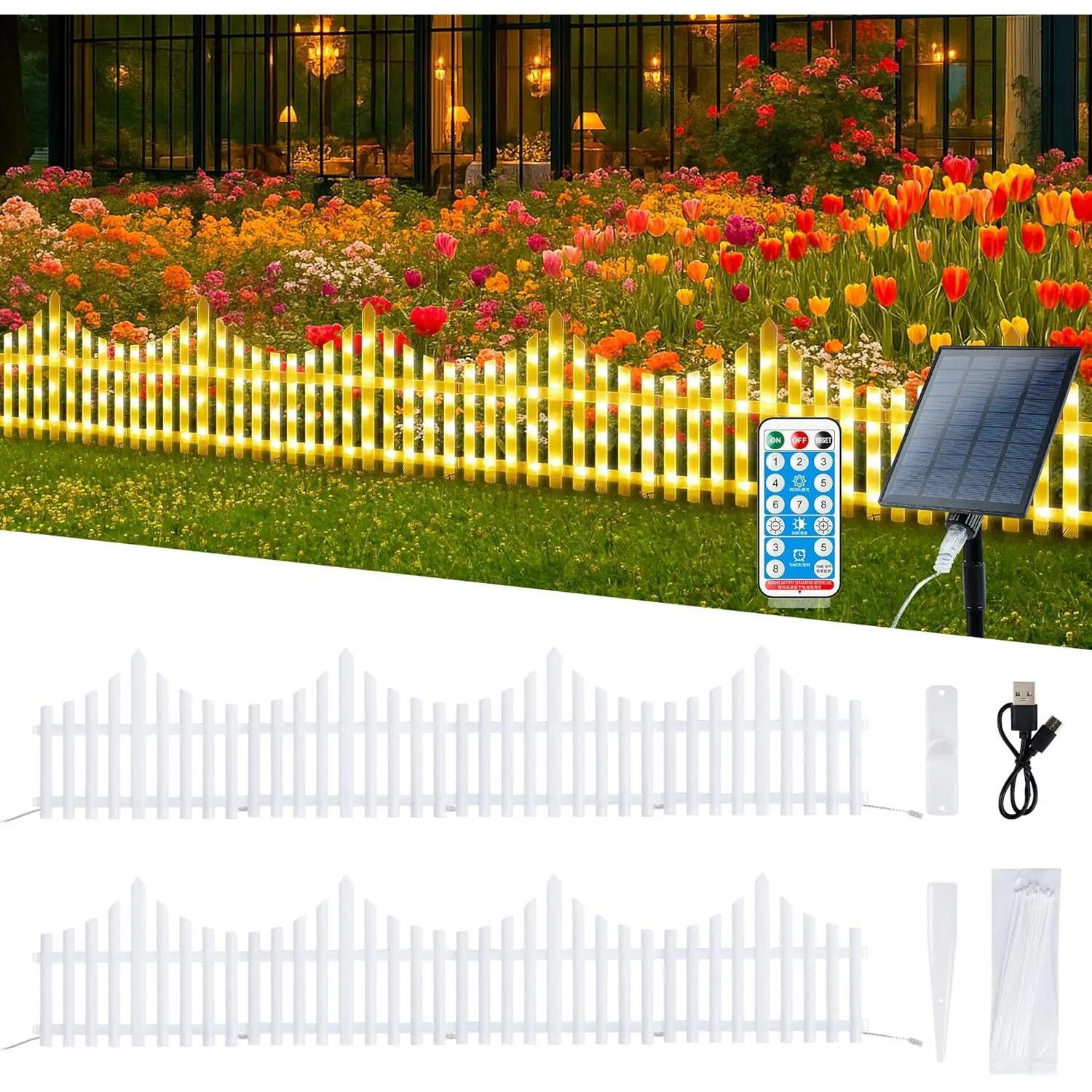 8 Pack White Picket Fence for Garden, 11.1in (H) X 9.1ft (L) Garden Fence Border with 144 Led Solar Lights and Remote, Decorative Mini Pocket Fence for Small Flower Path Tree Yard Pet Barrier