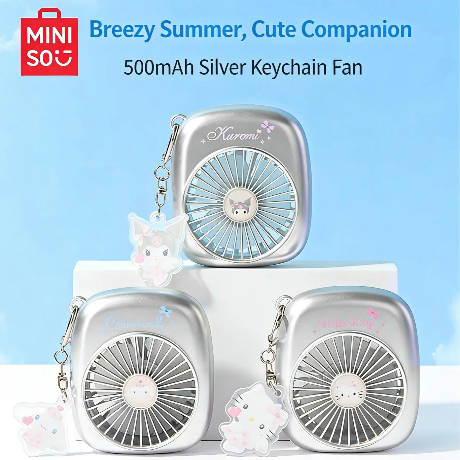 MINISO Kuromi 500mAh Silver Portable Mini Fan with Cute Acrylic Keychain Charm | Pocket-Sized Personal Fan | High-Value Cartoon Handheld Fan, Perfect for Summer, Travel, Bag Hanging & Desktop Use,Perfect Gift for Mom,#Summervibes