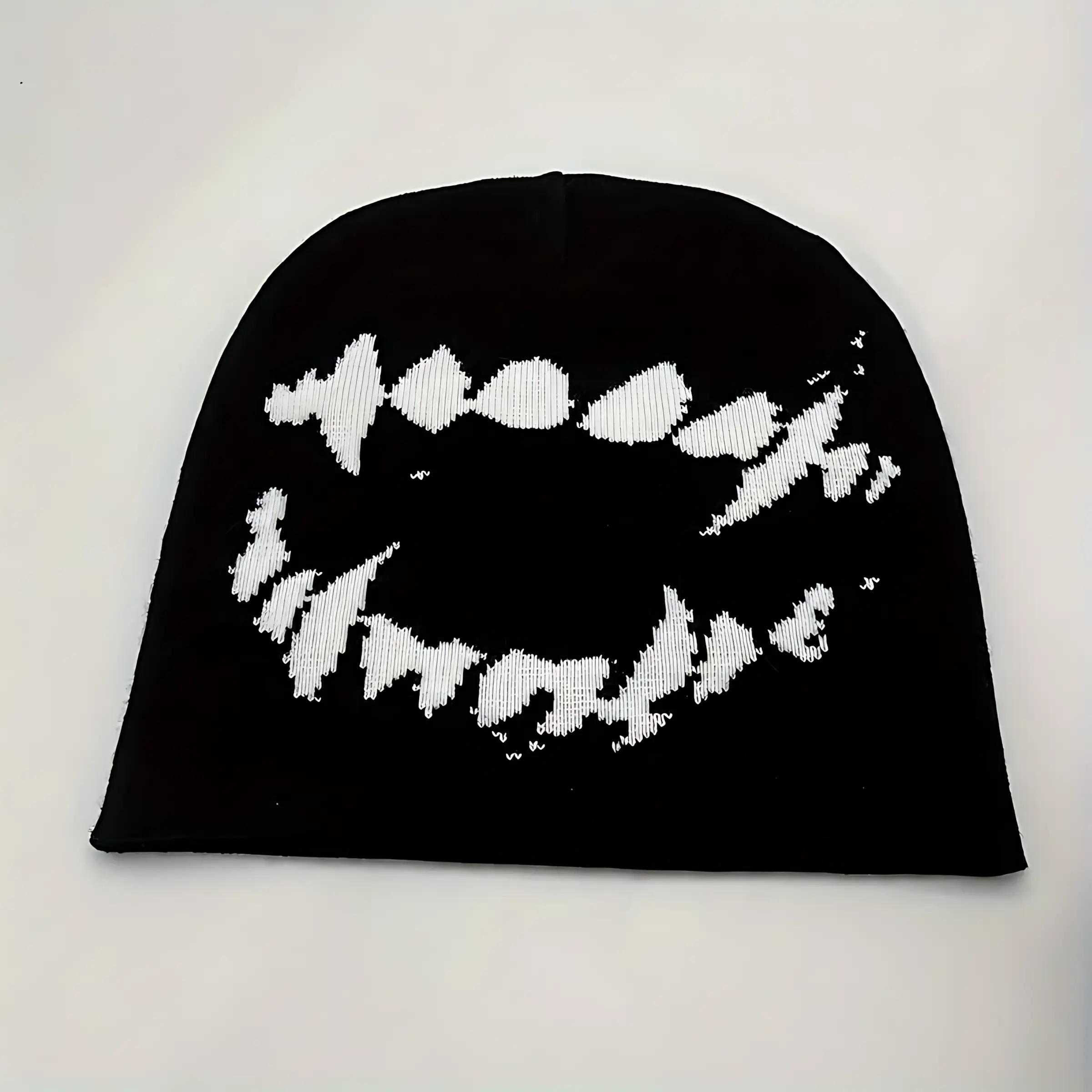 Y2K Beanie] Tooth Graphic Y2K Beanie Black & White Elastic Knit