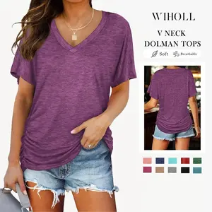 Women's Short-Sleeve V-Neck Dolman T-Shirt - Basic, Casual, Polyester Fabric, Loose-Fit with Side Shirring