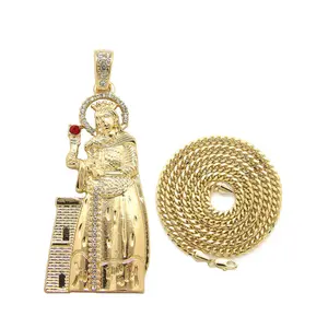 Hip Hop Gold Plated Santa Barbara CZ Religious Pendant & 4mm 18" ~ 24" Brass Cuban Chain Necklace Jewelry