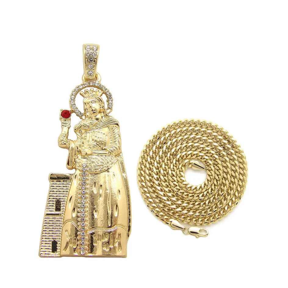 MaxBling81 Unisex Hip Hop Jewellery, Gold Plated Santa Barbara Religious CZ Amulet Pendant with 4mm Brass Cuban Chain, 18-24 Inches, Gold Plated Amulet, Faith-Based Fashion