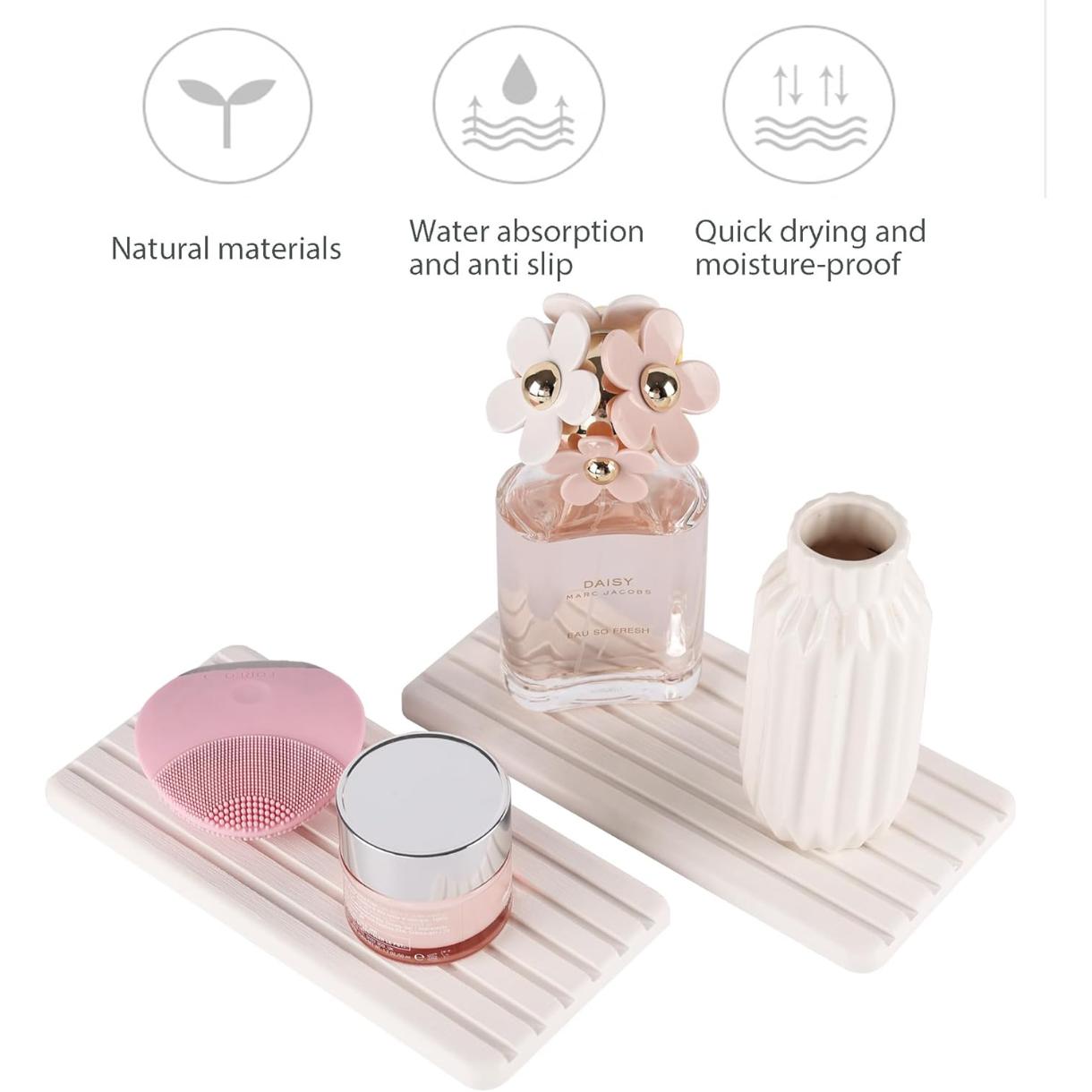 2 PCS Water Absorbent Diatomite Coasters Rectangle, Grooved Design, Water Absorbing Stone Used for Hand Soaps & Plants & toiletries in The Modern Home