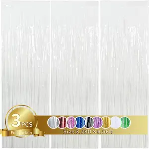 3Pcs White Metallic Tinsel Foil Fringe Curtains 3.28ft x 6.56ft White Photo Booth Backdrop Streamer Curtain Photo Booth Props Bachelorette Party Supplies Birthday Christmas New Year Decorations