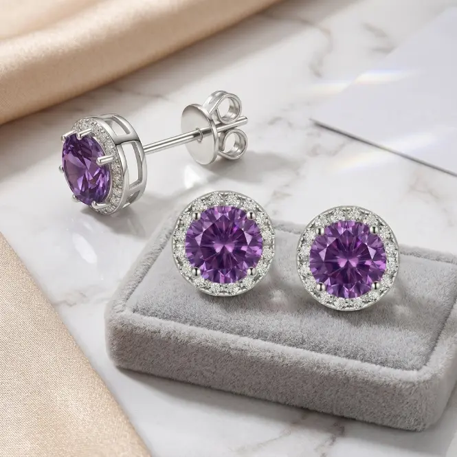 Purple Amethyst Crystal Halo Stud Earrings for Women, S925 Sterling Silver Sparkling Cubic Zirconia Diamond Earrings Jewelry Gift Elegant Amethyst & Diamond Halo Studs in Sterling Silver - Perfect Gift