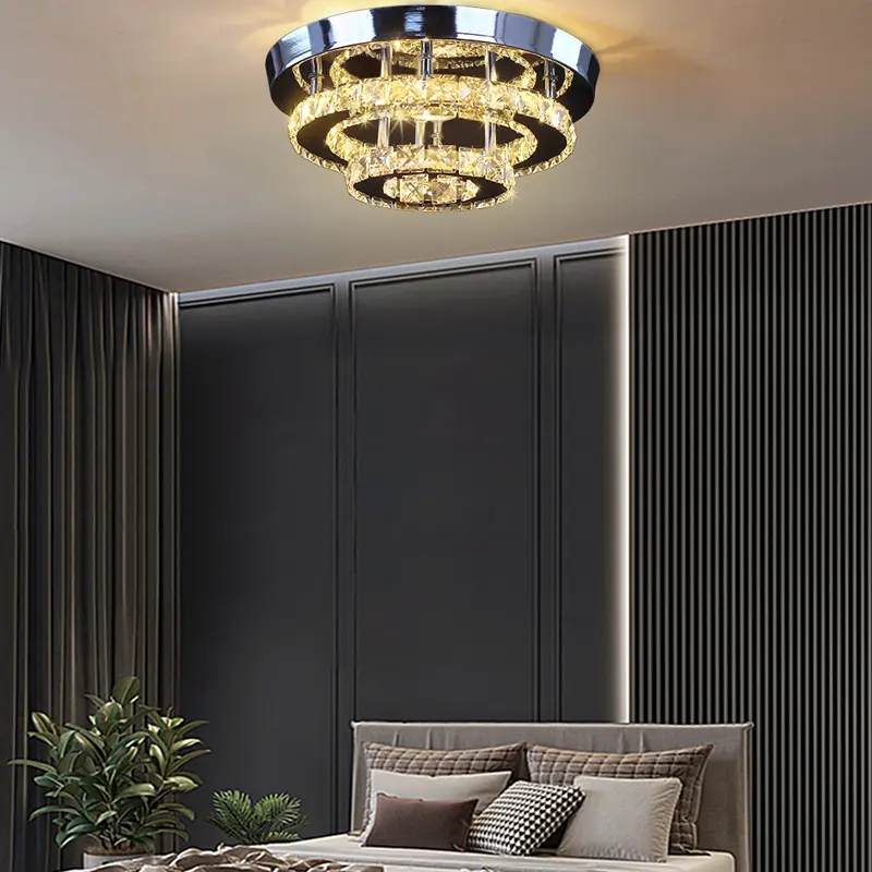 Modern Luxury 2-Layer Round LED Crystal Ceiling Chandelier Pendant Light Dimmable High Ceiling Adaptable Home Living Room Kitchen Bedroom Lighting QH-MC024