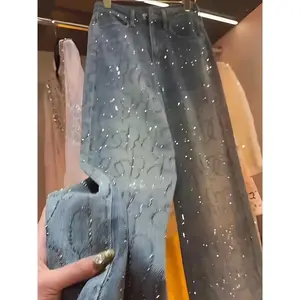 Women’s Hot-Stamped Diamond Jeans, Spring/Autumn 2025 — trendy shiny rivet wide-leg straight loose denim pants that can be paired with a raincoat