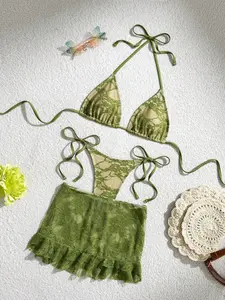 Womens 3 Piece Lace Bikini Set with Ruffle Mini Skirt Halter Swimsuit Beach Vacation Swimwear Multiple Colors
