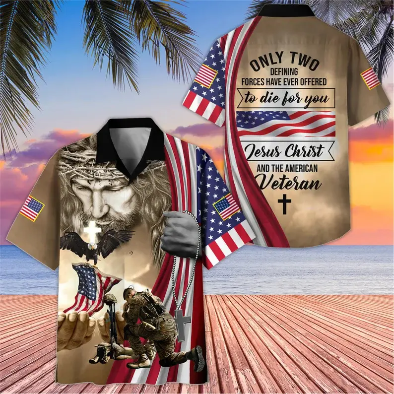 All Over Printed Veteran Hawaiian Shirt, Jesus Christ and The American Veteran Patriotic Design, Ideal Casual Summer Daily Hawaiian Shirt, Comfortable Beach Vacation Apparel For Men # TikTokMadeMeBuyIt # VeteranPride # AmericanVeteran # PatrioticTee # Fai