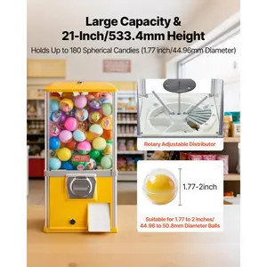 VEVOR Gumball Machine, 21 inch Height Candy Vending Machine Dispenser, 25-Cent Vending Machines for Shopping Malls, Supermarkets, Amusement Parks, Arcades, Holds Up to 180 1.77 inch Spherical Candies