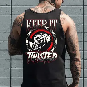 KEEP IT TWISTED Motorcycle Handle Black Print Tank Top- Tattoo Street Wear Casual Cotton Shirt, Unisex, Minimalist Style, Trending for Men & Women
