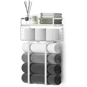 Towel Racks for Bathroom, Bathroom Shelf Over Toilet,Floating Shelves with Towel Rack Paper Holder Storage Basket,Floating Shelves for Wall Decor,White