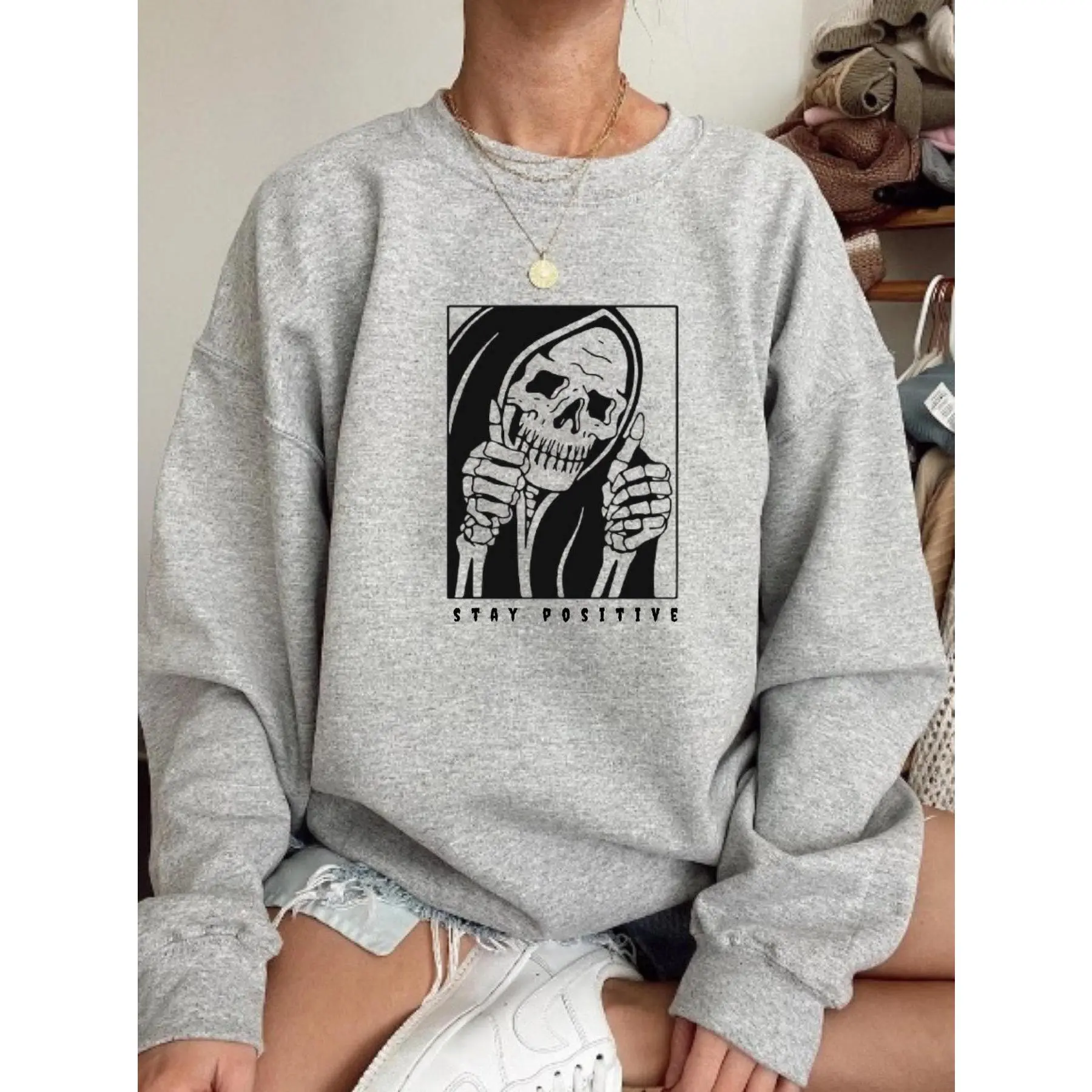 Gildan Women's 100% Cotton Longsleeve Tee, Minimalist Skeleton Graphic Print with Round Neck for Halloween Streetwear, Fitted, Longsleeves, Polyester, Yarn, Bottom, Double Seams, Crew Neck, All Seasons, Sweatshirts, Fabric, Lady, Casual, Tops, Clothes
