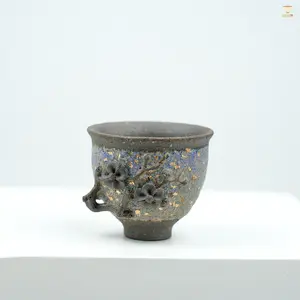 “Winter Plum” Aged Rock-Mineral  Teacup | Handmade Ceramic Cup with Plum Blossom Relief | Two Styles – Tall & Round | Red & Violet Variants