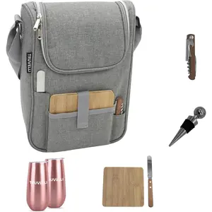 Truvelli Insulated  Tote Bag: Portable 2 Bottle Cheese  Black Canvas Carrier  Kit - Stopper Attachment, Plus Wooden Charcuterie Board