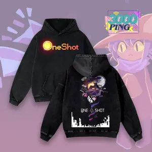 OneShot Hoodie Niko & World Machine Graphic, Vintage Acid Wash Sweatshirt, Indie Game Merch, Glowing Sun Logo Pullover, Unisex Cotton Top, Streetwear
