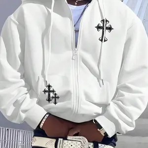 Men's Cross Print Drop Shoulder Zip Up Thermal Lined Hoodie, Fashion Casual Regular Fit Drawstring Pocket Hooded Sweatshirt for Daily Holiday Outdoor Wear, Men Clothes for Fall & Winter