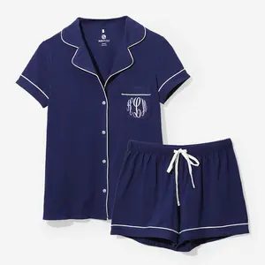 Marleylilly Monogrammed Classic Sleep Set - Cozy Cotton Blend Pajamas with Pearlized Buttons & White Piping - All Seasons Comfort