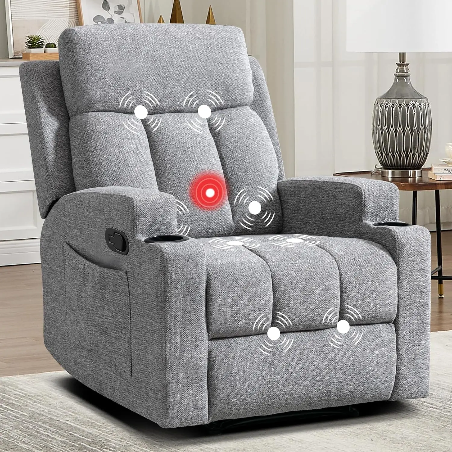 [DealsForYouDays] EBELLO Manual Recliner Chair with Massage and Heat Ergonomic Overstuffed Breathable Fabric Reclining Chair with 2 Side Pockets, 2 Cup Holders, Remote Control, Living Room, Bedroom Adjustable Chaise Lounge Ergonomically Adjustable Seat