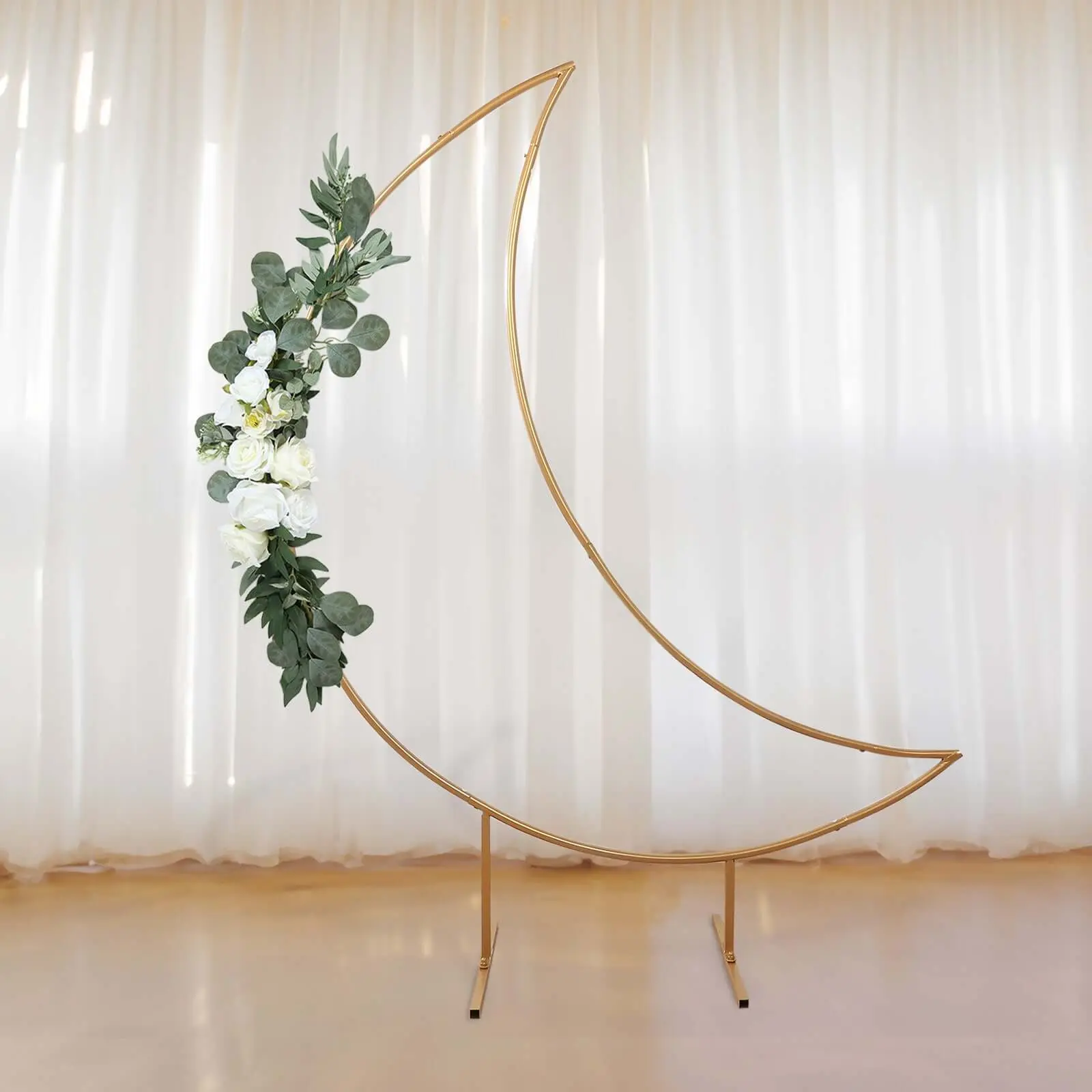 6.5ft Gold Metal Crescent Moon Backdrop Stand - Curved Arbor Floral Balloon Frame with Sturdy Base, Wedding Arch Decor, Balloon Arch, Festive Backdrops & Banners for Wedding Reception, Birthday Party, Metal Arch Display Festive Backdrops & Banners