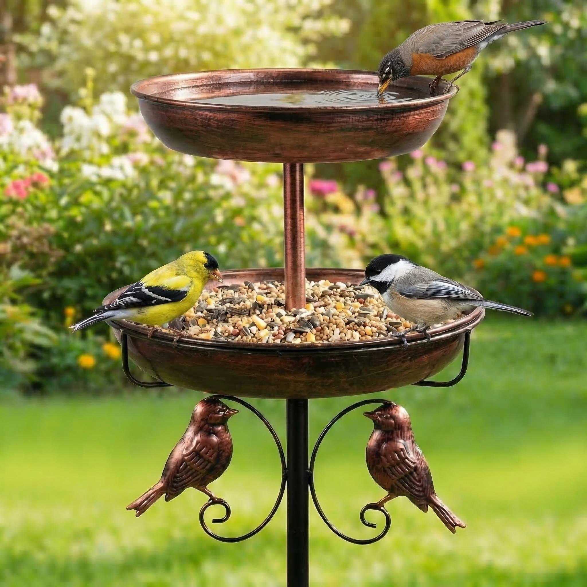 [Summervibes][petlovers] WIldpark 45 Inch Heavy-Duty Metal Double-Layer Bird Bath Tub, Large Capacity Water Feeding Basin, 9.8 Feet + 12 Inches, Stable 5-Claw Base, Durable Courtyard Decoration, Easy to Install and Clean, Multifunctional Bird Feeder. outd