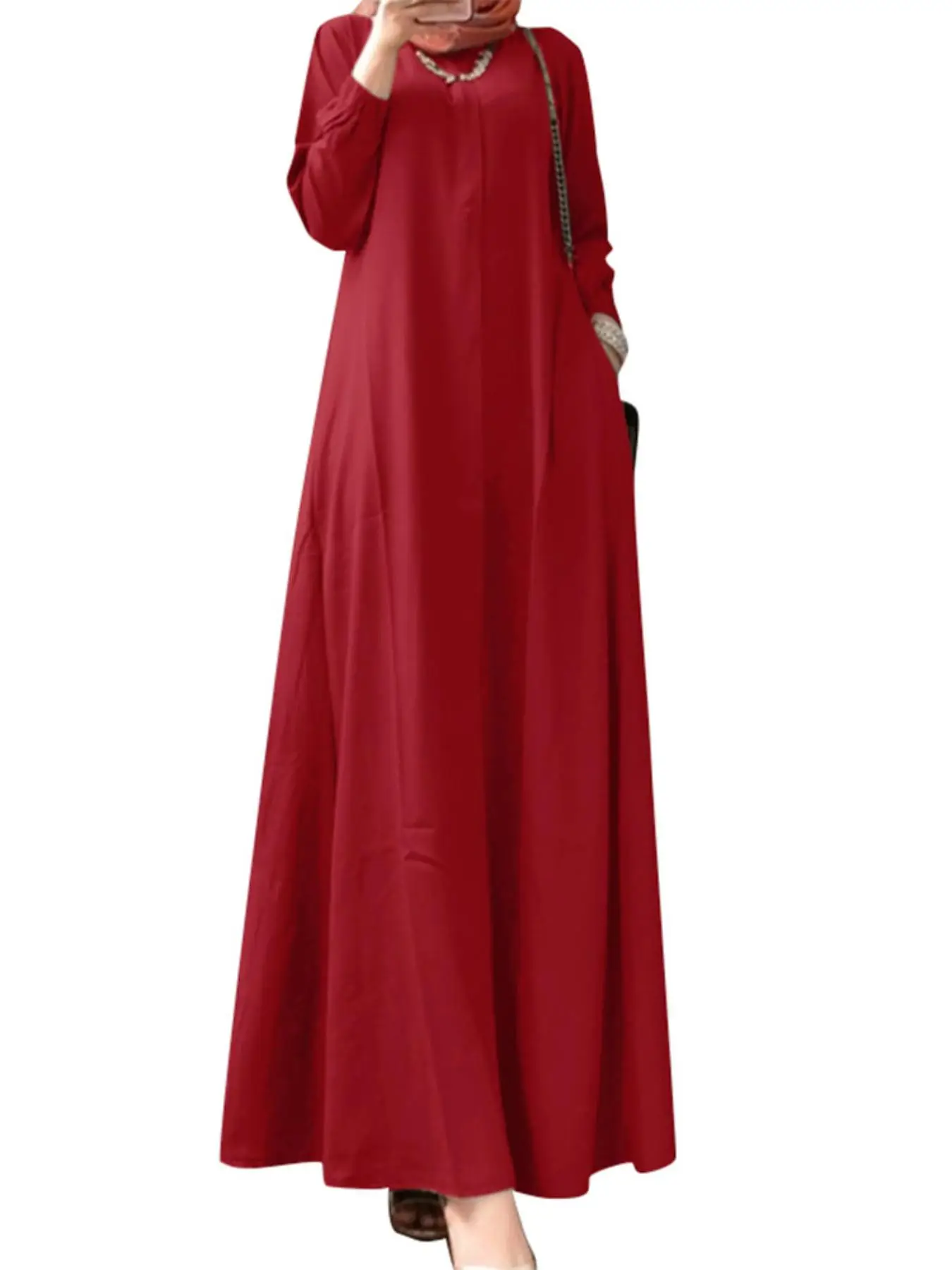 Women's Plain Pocket Keyhole Neckline Arabian Dress, Modest Long Sleeve Maxi Muslim Dress for Daily Wear, Ladies Islamic Clothing for All Seasons