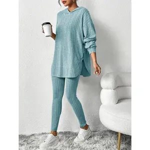 Ribbed Two-piece Set, Casual Long Sleeve Hooded Top & Skinny Pants Outfits, Women's Clothing