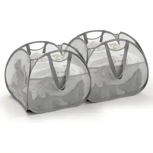 Collapsible Mesh Laundry Hamper with Handles, Large Opening Clothes Hamper with Side Pockets, Baskets for Dorm, Laundry Room, or Travel (Grey, 90L, 2Pack)