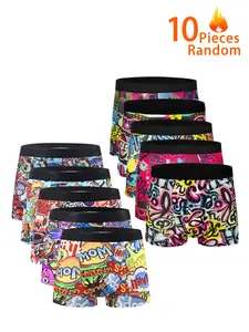 10-Pack Men's Boxer Briefs, Stretchy Boxer Pants, Trendy Graffiti Print, Soft High-Elasticity, Random Patterns, Youthful Four-Way Stretch Underwear