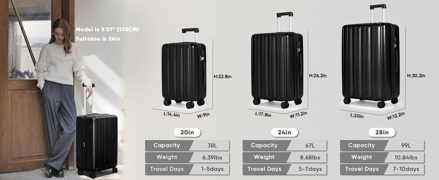 SHOWKOO Luggage Sets 3-Piece Full PC Ultra Tough Hardside Carry On Expandable Suitcases Sets with TSA Lock Double Spinner Wheels (20in/24in/28in) Black Gift for Travel,School,Business