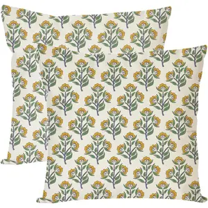Block Print Throw Pillow Covers 18x18 Inch Set of 2 Green and Yellow Floral Vintage Boho Outdoor Spring Summer Decorations Decorative Throw Pillows Cases for Home Bedroom Decor Bed Living Room Couch Decor