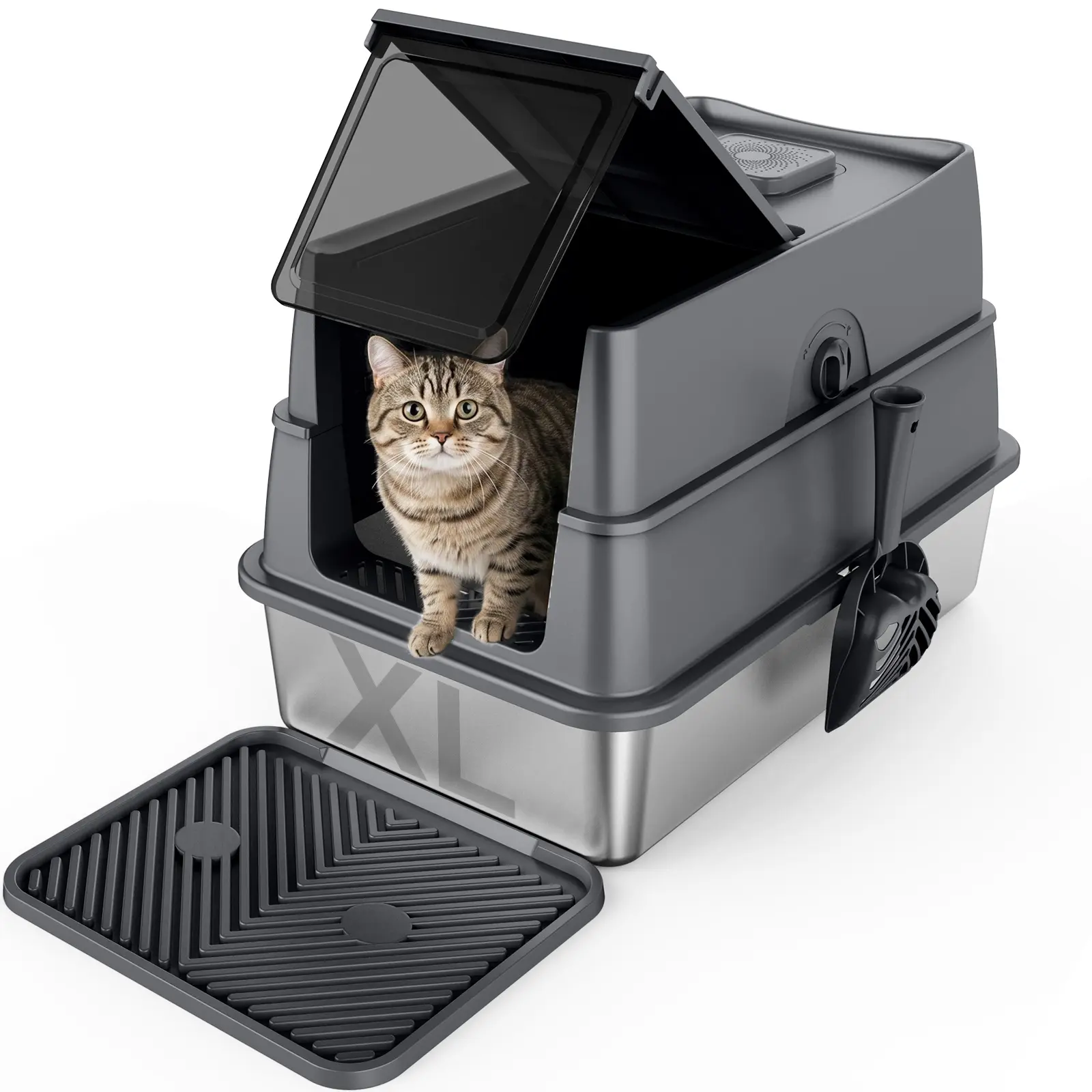 AIPERRO XL Enclosed Stainless Steel Cat Litter Box with Lid, Flip-Top High Sided Enclosure Metal Litter Box  Non-Sticky, Anti-Leakage, Easy Cleaning,with Scoop Set for Kitten Big Cats,Transparent Grey