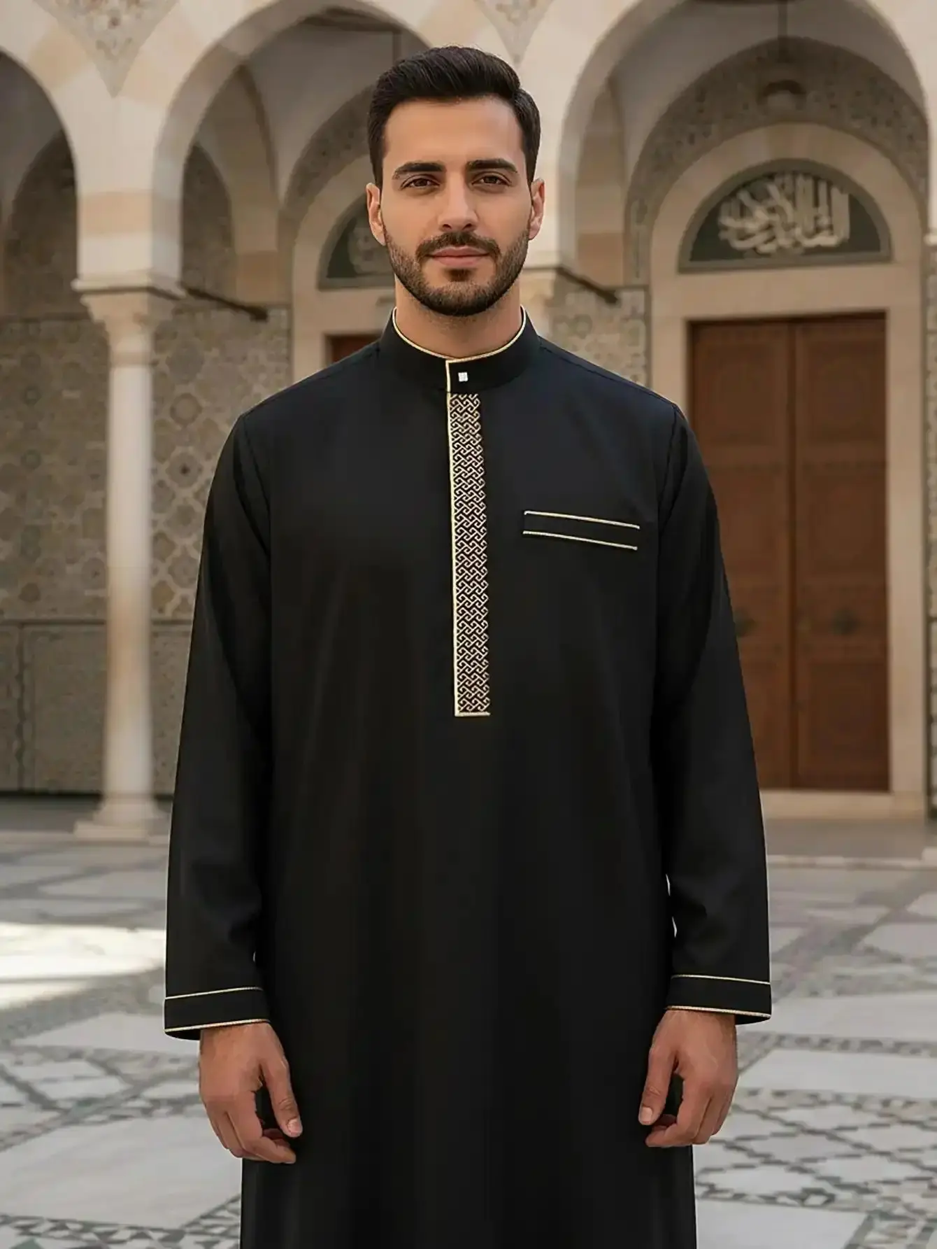 Men's Traditional Muslim Thobe – Black Islamic Robe with Embroidery, Arabic Kaftan for Ramadan, Prayer & and Summer, AllDayWear, MustHaveBasics, ClosetEssential, CasualStyle, ComfortStretch, ModernClassic
