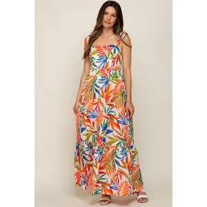 Orange Multi-Color Palm Print Shoulder Tie Maternity Maxi Dress