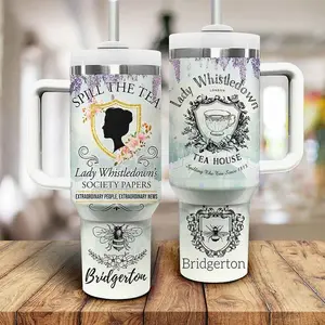 Bridgerton Lady Whistledown Tumbler 40oz – “Spill the Tea” Society Papers Design Travel Mug, Regency Aesthetic Insulated Stainless Steel Cup with Handle & Straw, Gift for Fans