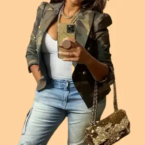 2025 Women's Camo Print Blazer-Double-Breasted, Casual Polyester Jacket with Ribbed Cuffs & Hem, Perfect for Spring/Fall,Zip Sweatshirt Camouflage