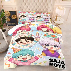 Saji Boys Chibi K-Pop Comforter Set, Soft Breathable Pastel Idol Bedding, 1 Quilt + 1/2 Pillowcases, All-Season Cute Birthday Themed Quilt for Boys Bedroom, College Dorm & Apartment Decor