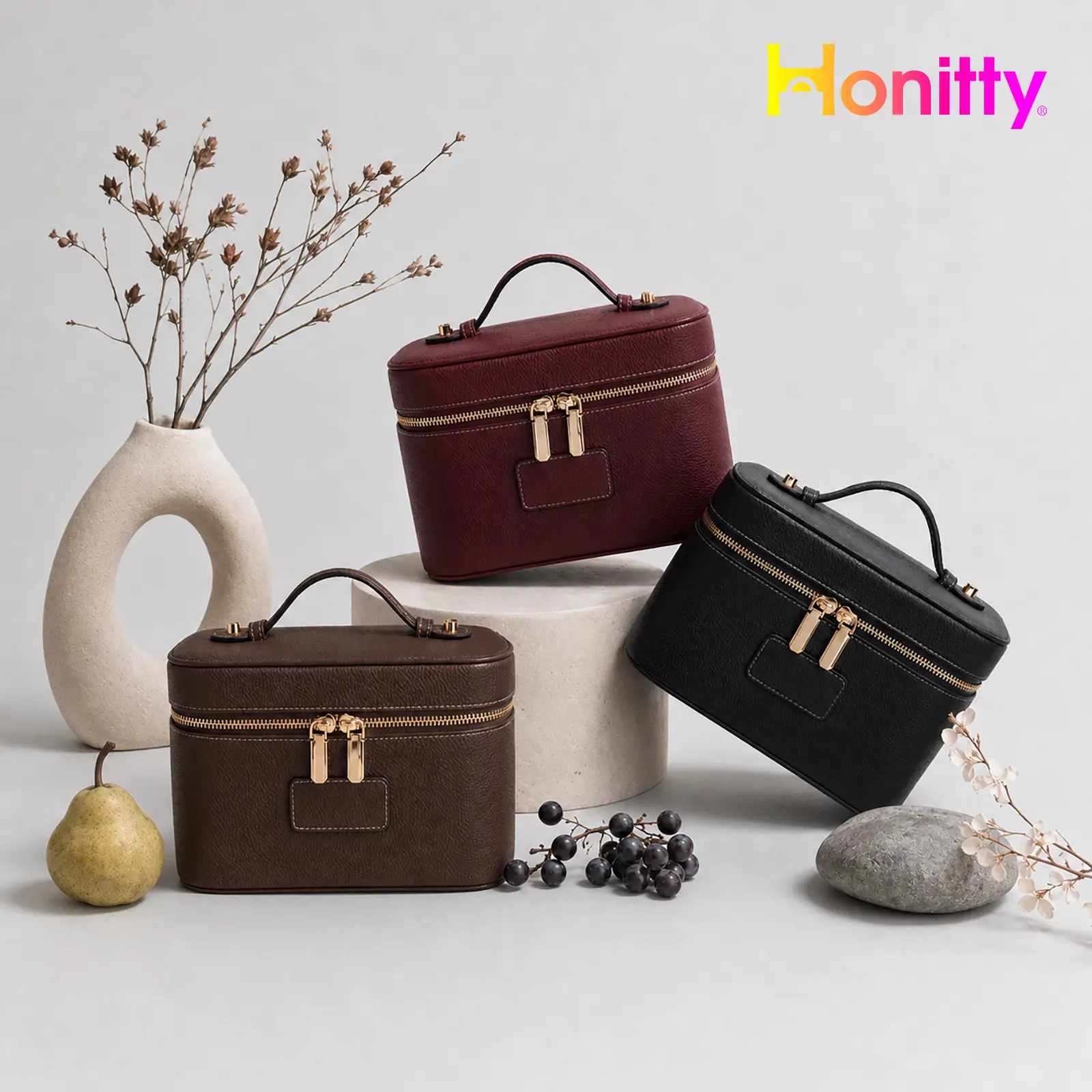 HONITTY Women's Leather Makeup Case - Large Capacity Waterproof Wipe-Clean Zip Bag with Removable Divider, Portable Travel Toiletry Organizer for Makeup Products, Grab-and-Go Functional Bag